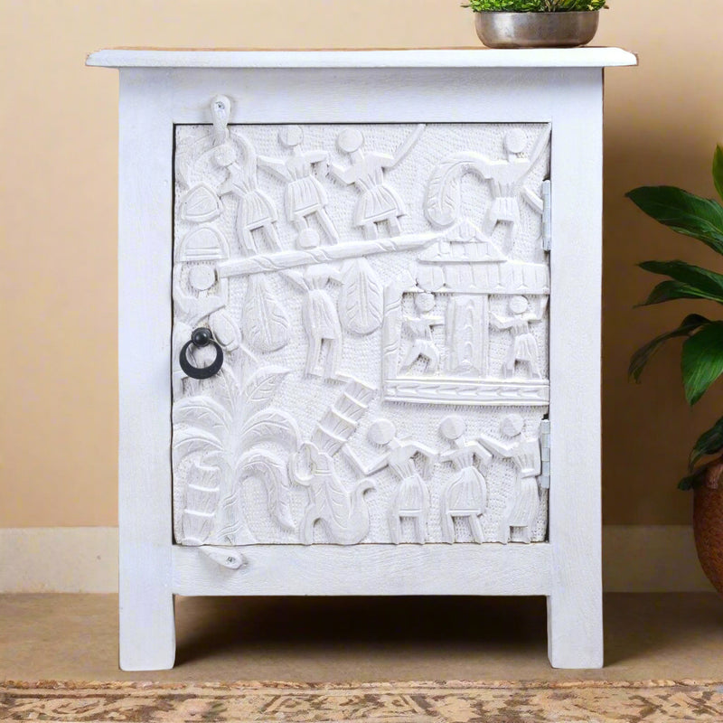 Natya Nightstand - Intricately Carved Wooden Bedside Table with Folk Scene Motifs