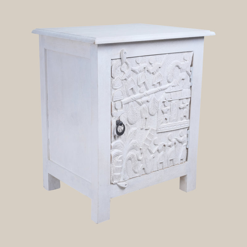 Natya Nightstand - Intricately Carved Wooden Bedside Table with Folk Scene Motifs