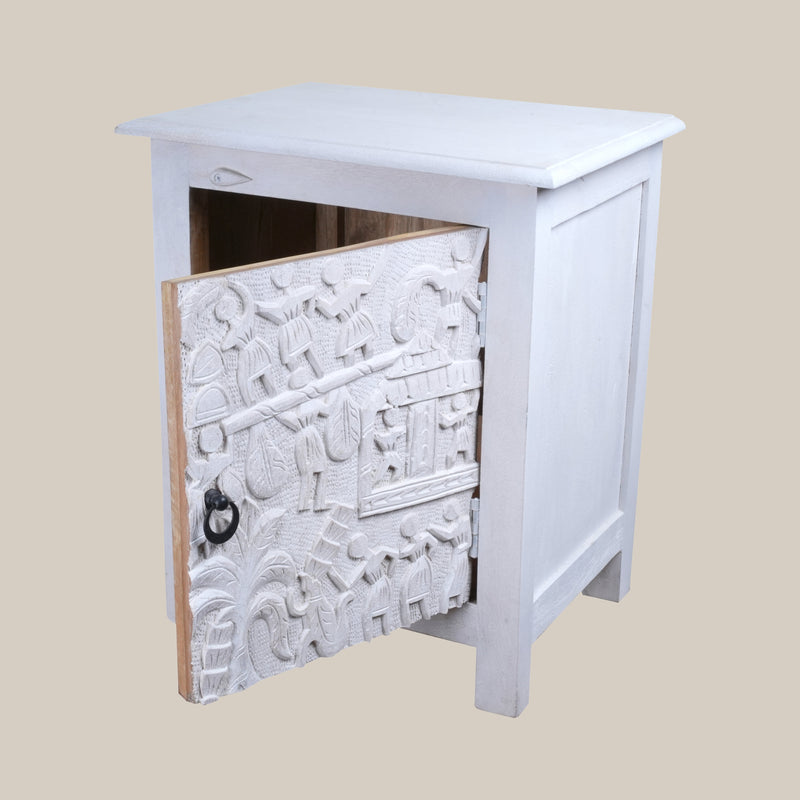 Natya Nightstand - Intricately Carved Wooden Bedside Table with Folk Scene Motifs