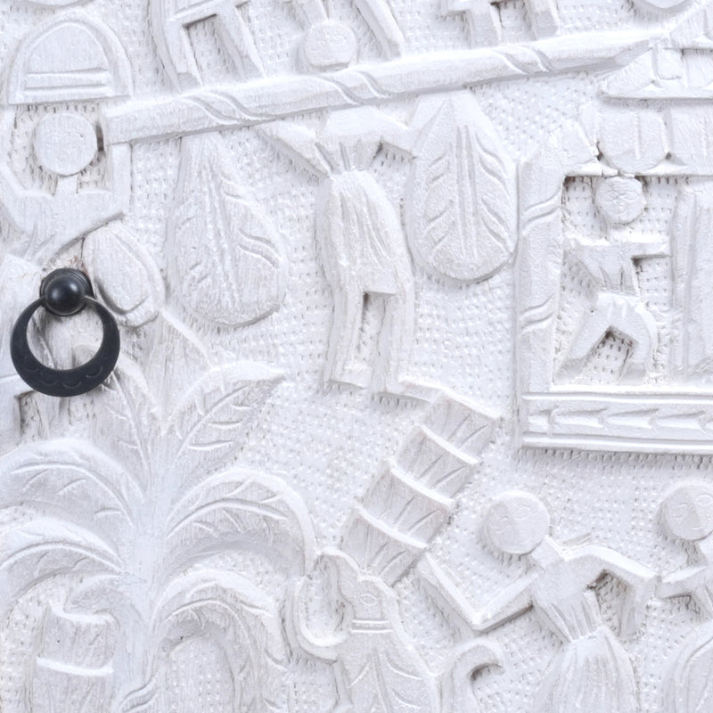 Natya Nightstand - Intricately Carved Wooden Bedside Table with Folk Scene Motifs