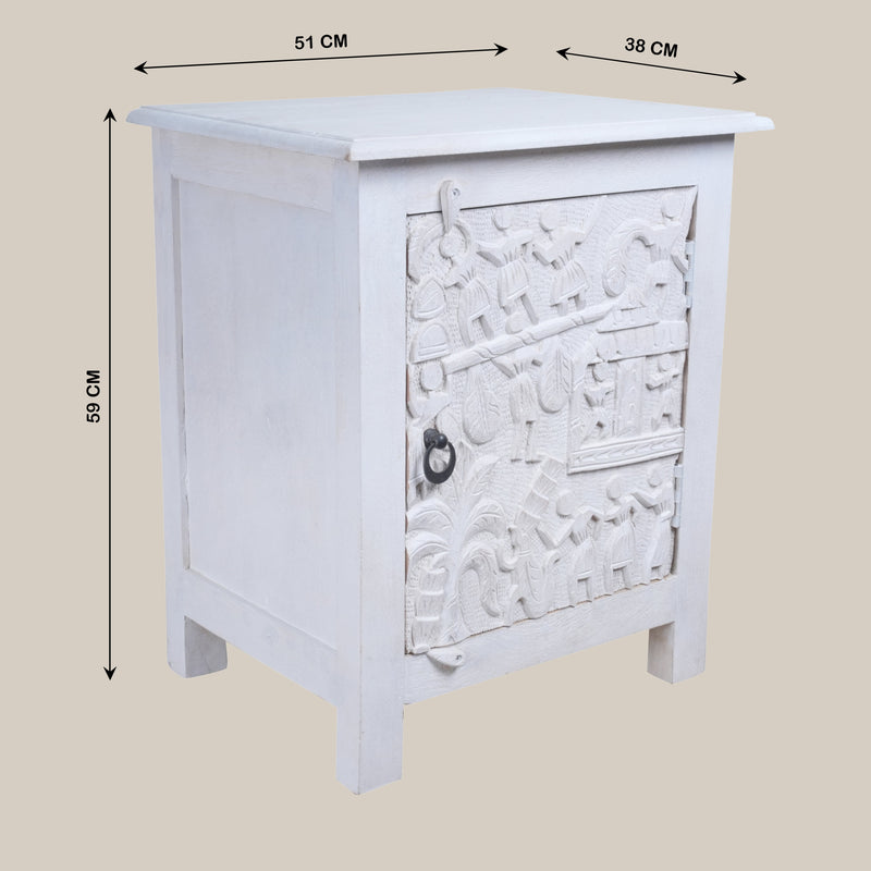 Natya Nightstand - Intricately Carved Wooden Bedside Table with Folk Scene Motifs