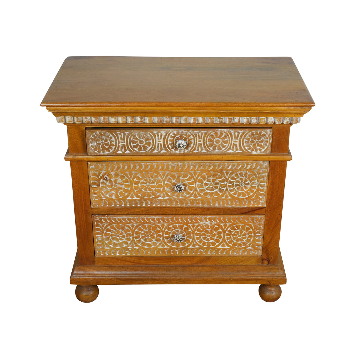 Suvarna Bedside - Brass-toned Wooden Bedside Table with Hand-Carved Floral Detailing