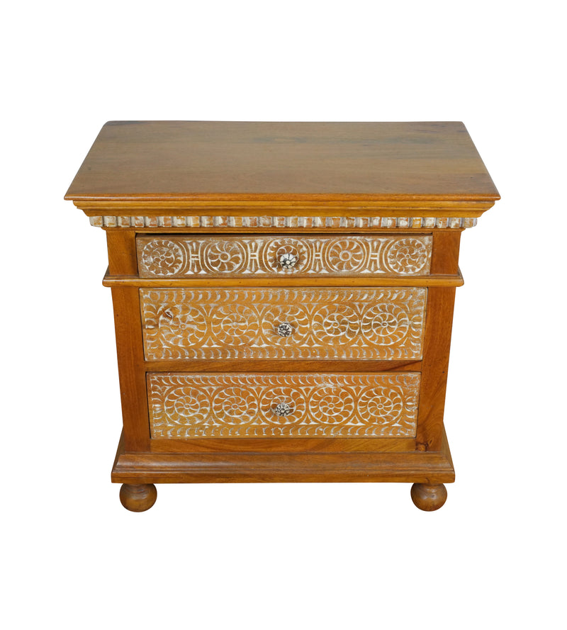 Suvarna Bedside - Brass-toned Wooden Bedside Table with Hand-Carved Floral Detailing