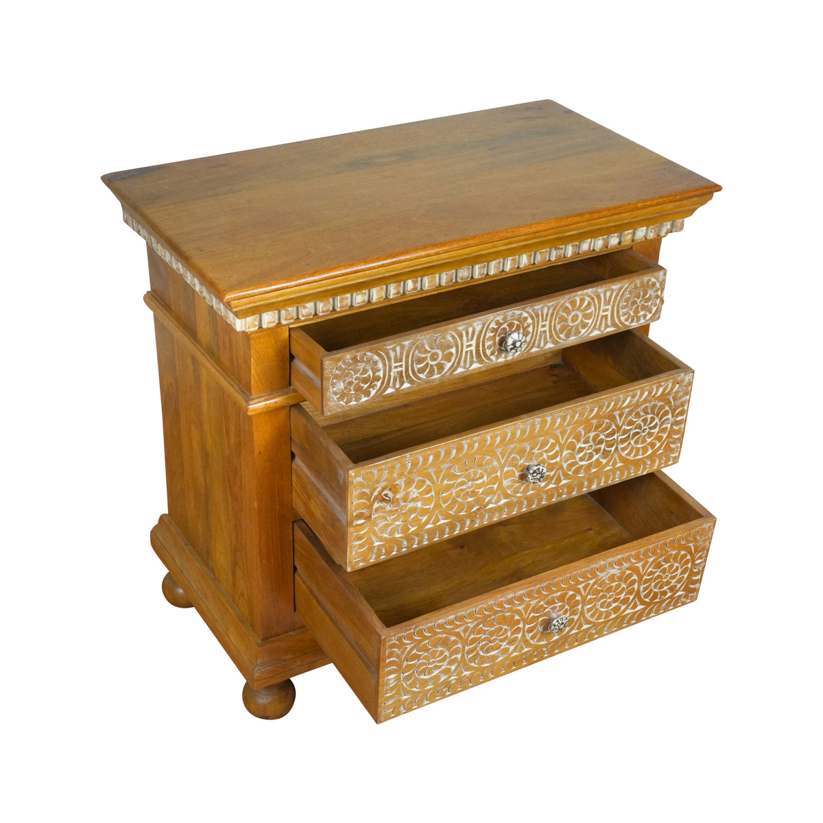 Suvarna Bedside - Brass-toned Wooden Bedside Table with Hand-Carved Floral Detailing