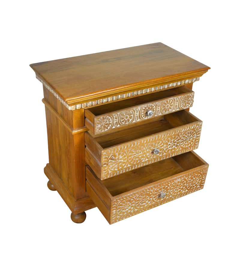 Suvarna Bedside - Brass-toned Wooden Bedside Table with Hand-Carved Floral Detailing