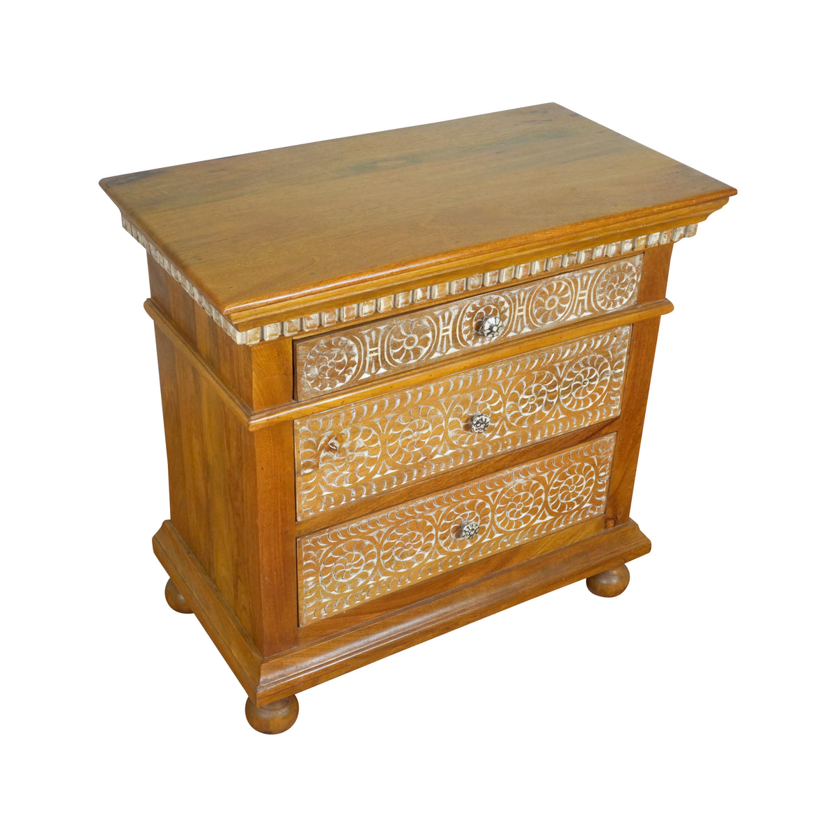 Suvarna Bedside - Brass-toned Wooden Bedside Table with Hand-Carved Floral Detailing