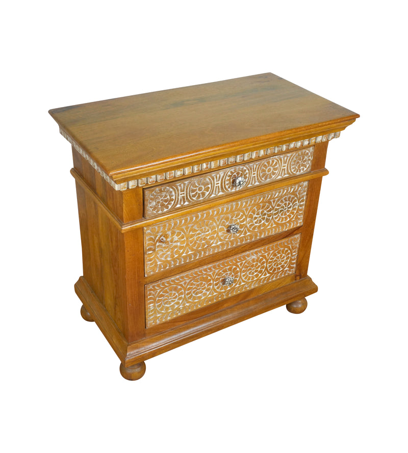Suvarna Bedside - Brass-toned Wooden Bedside Table with Hand-Carved Floral Detailing