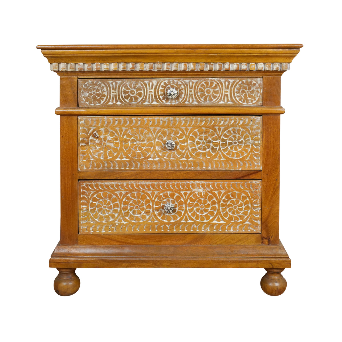 Suvarna Bedside - Brass-toned Wooden Bedside Table with Hand-Carved Floral Detailing