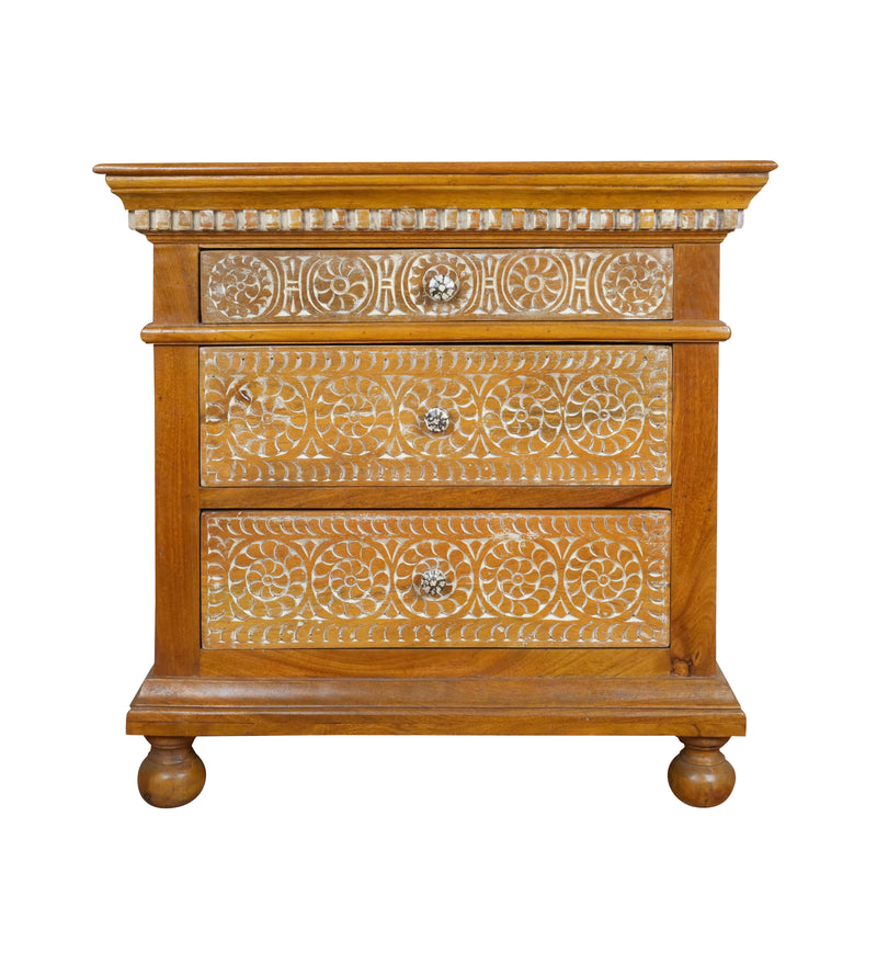 Suvarna Bedside - Brass-toned Wooden Bedside Table with Hand-Carved Floral Detailing