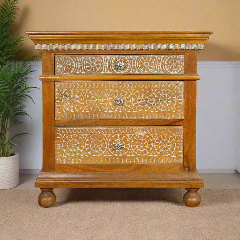 Suvarna Bedside - Brass-toned Wooden Bedside Table with Hand-Carved Floral Detailing