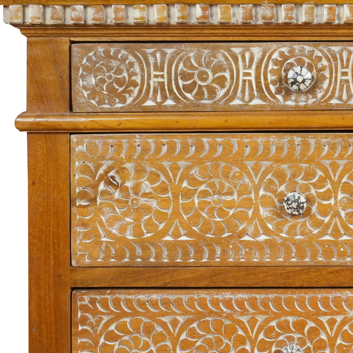 Suvarna Bedside - Brass-toned Wooden Bedside Table with Hand-Carved Floral Detailing