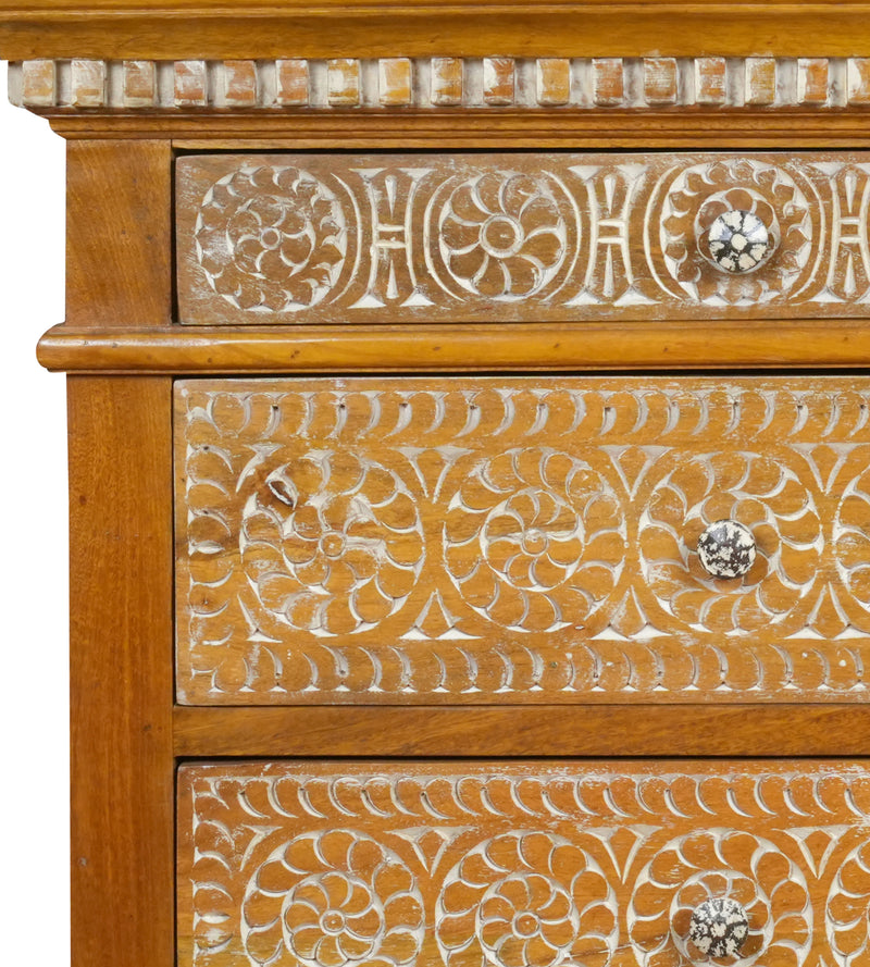 Suvarna Bedside - Brass-toned Wooden Bedside Table with Hand-Carved Floral Detailing