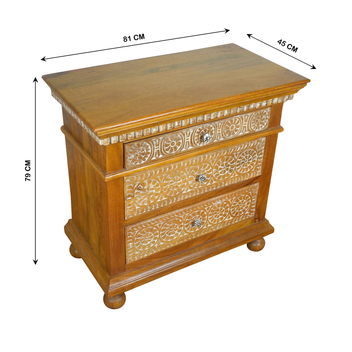 Suvarna Bedside - Brass-toned Wooden Bedside Table with Hand-Carved Floral Detailing