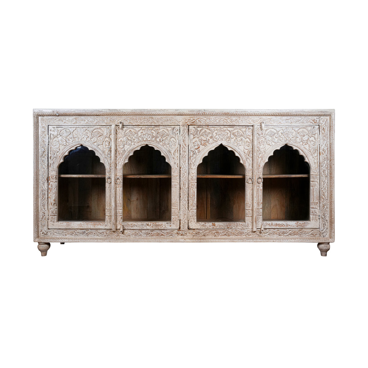 Arches of Udaipur - Vintage Hand-Carved Wooden Sideboard with Arch Glass Panels
