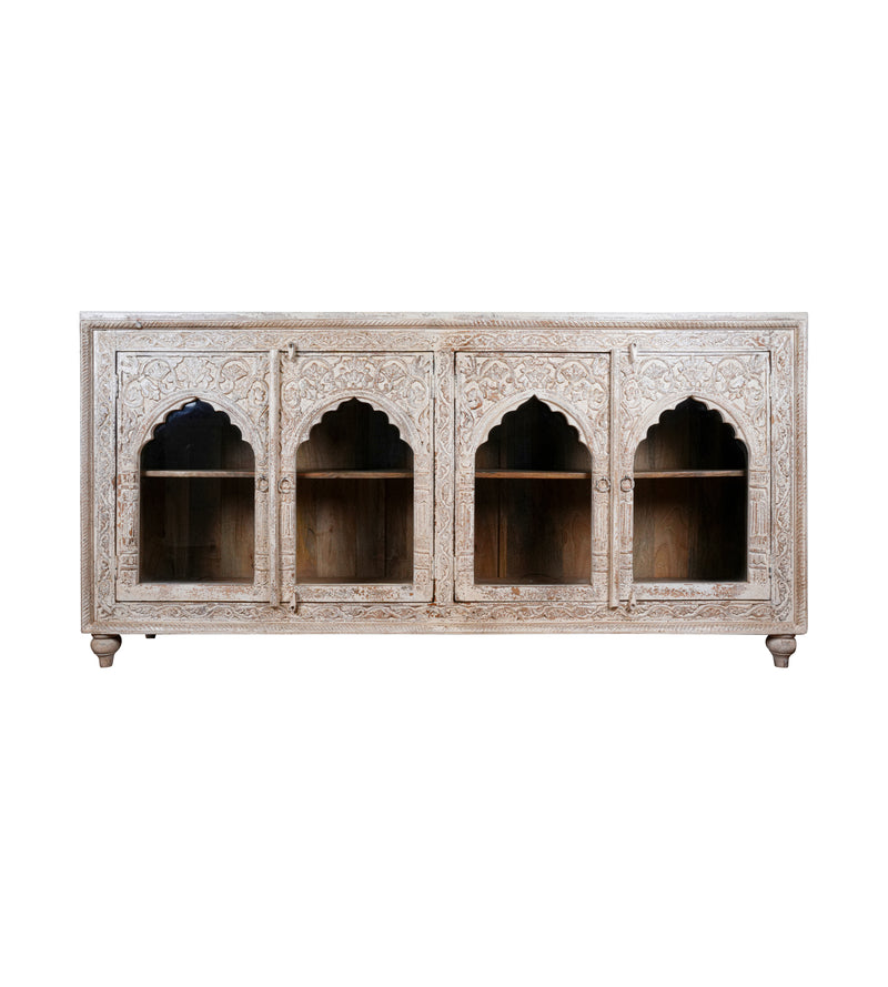Arches of Udaipur - Vintage Hand-Carved Wooden Sideboard with Arch Glass Panels