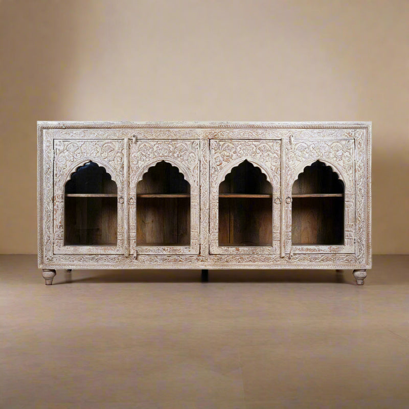 Arches of Udaipur - Vintage Hand-Carved Wooden Sideboard with Arch Glass Panels