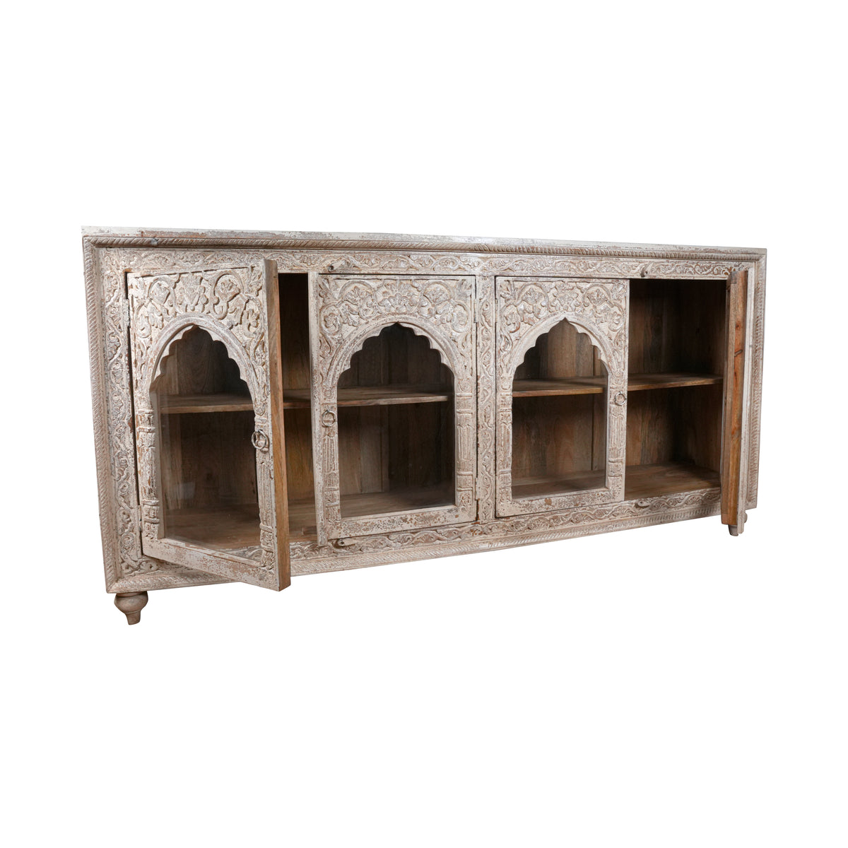 Arches of Udaipur - Vintage Hand-Carved Wooden Sideboard with Arch Glass Panels