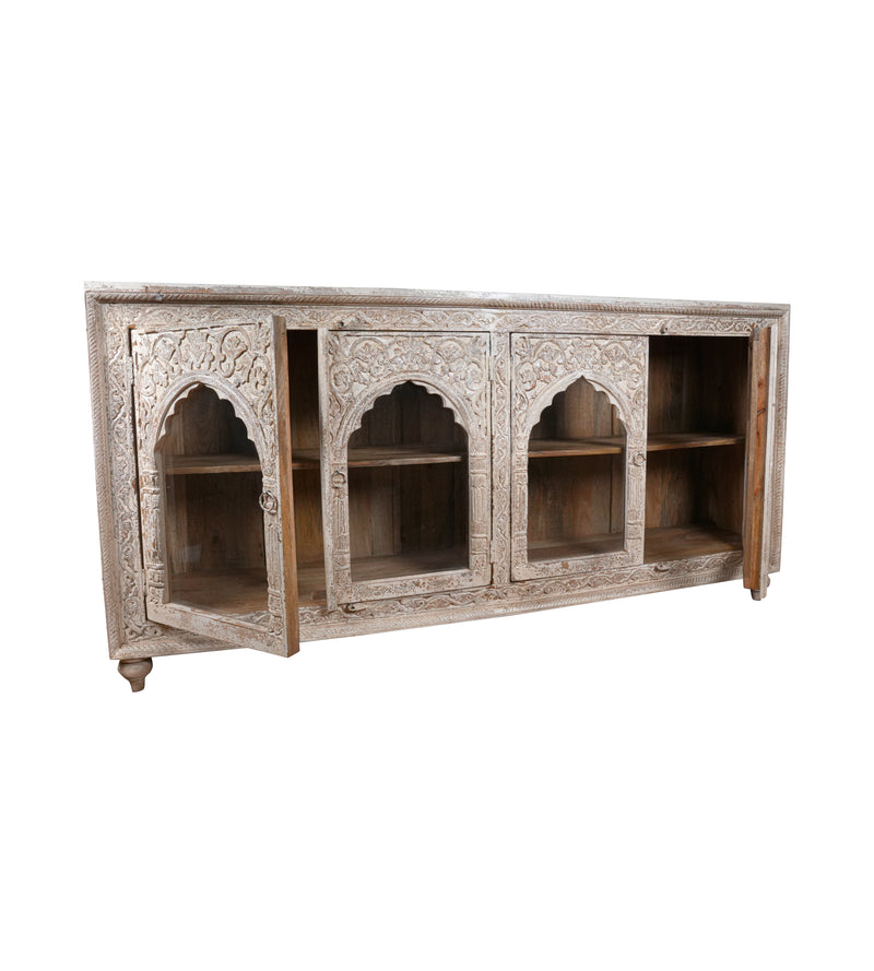 Arches of Udaipur - Vintage Hand-Carved Wooden Sideboard with Arch Glass Panels