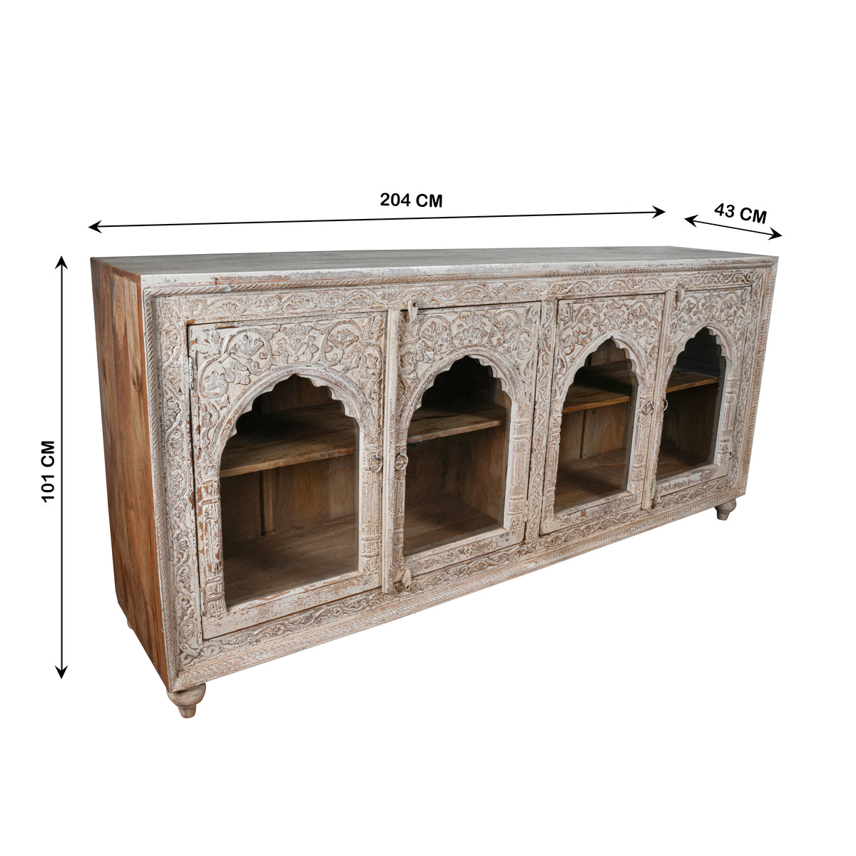 Arches of Udaipur - Vintage Hand-Carved Wooden Sideboard with Arch Glass Panels