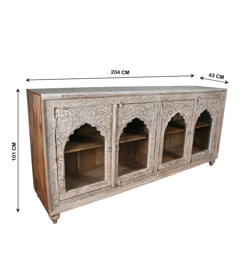 Arches of Udaipur - Vintage Hand-Carved Wooden Sideboard with Arch Glass Panels