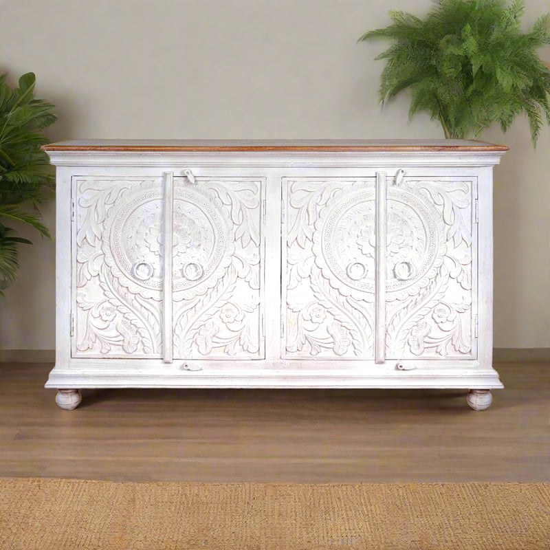 Vanvas Sideboard - Richly Carved Mango Wood Sideboard in Vintage Finish