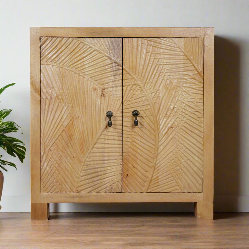 Tana Leaf Sideboard - Minimal Carved Wooden Cabinet with Natural Finish