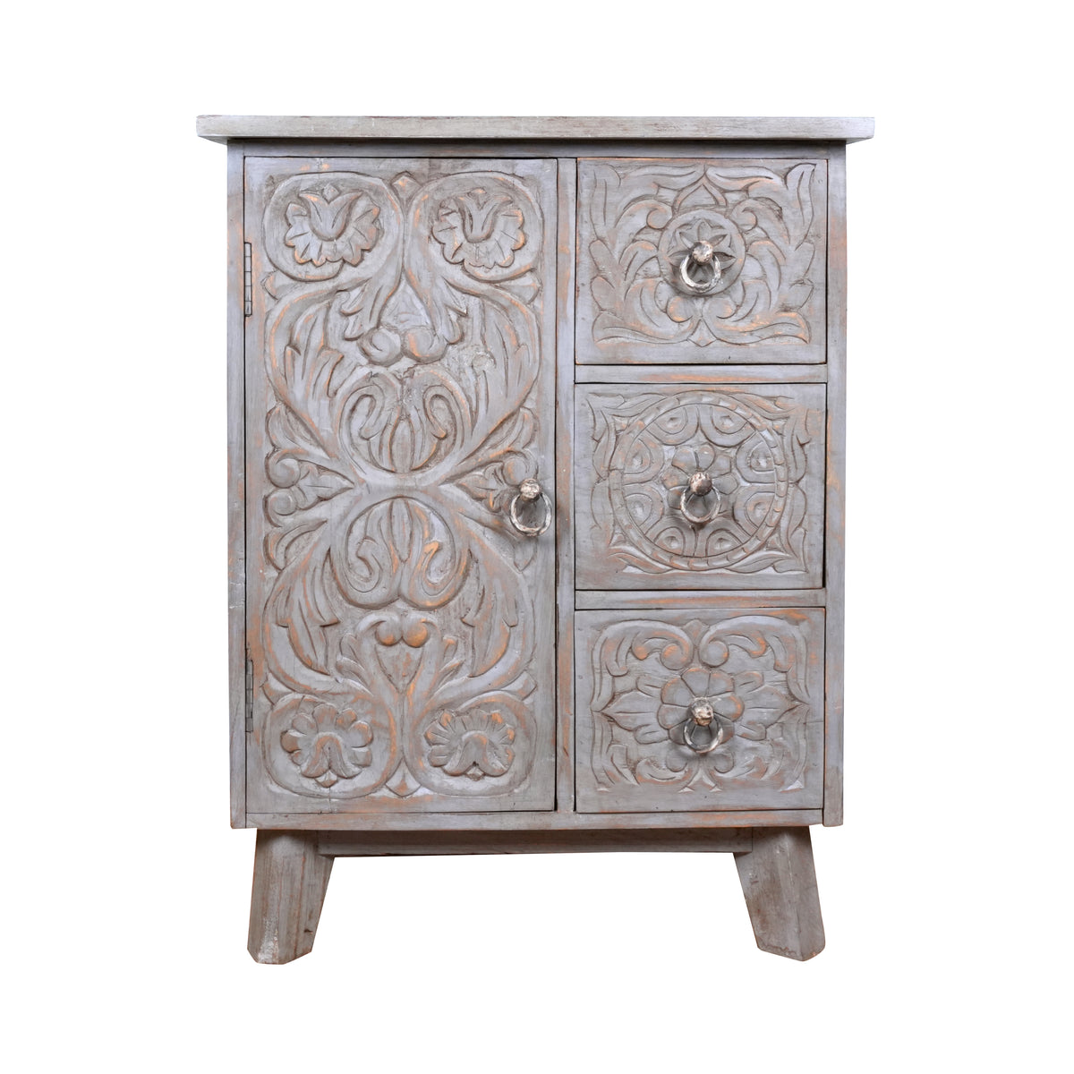 Indira Bedside - Black Wooden Bedside Table with Deeply Carved Floral Design