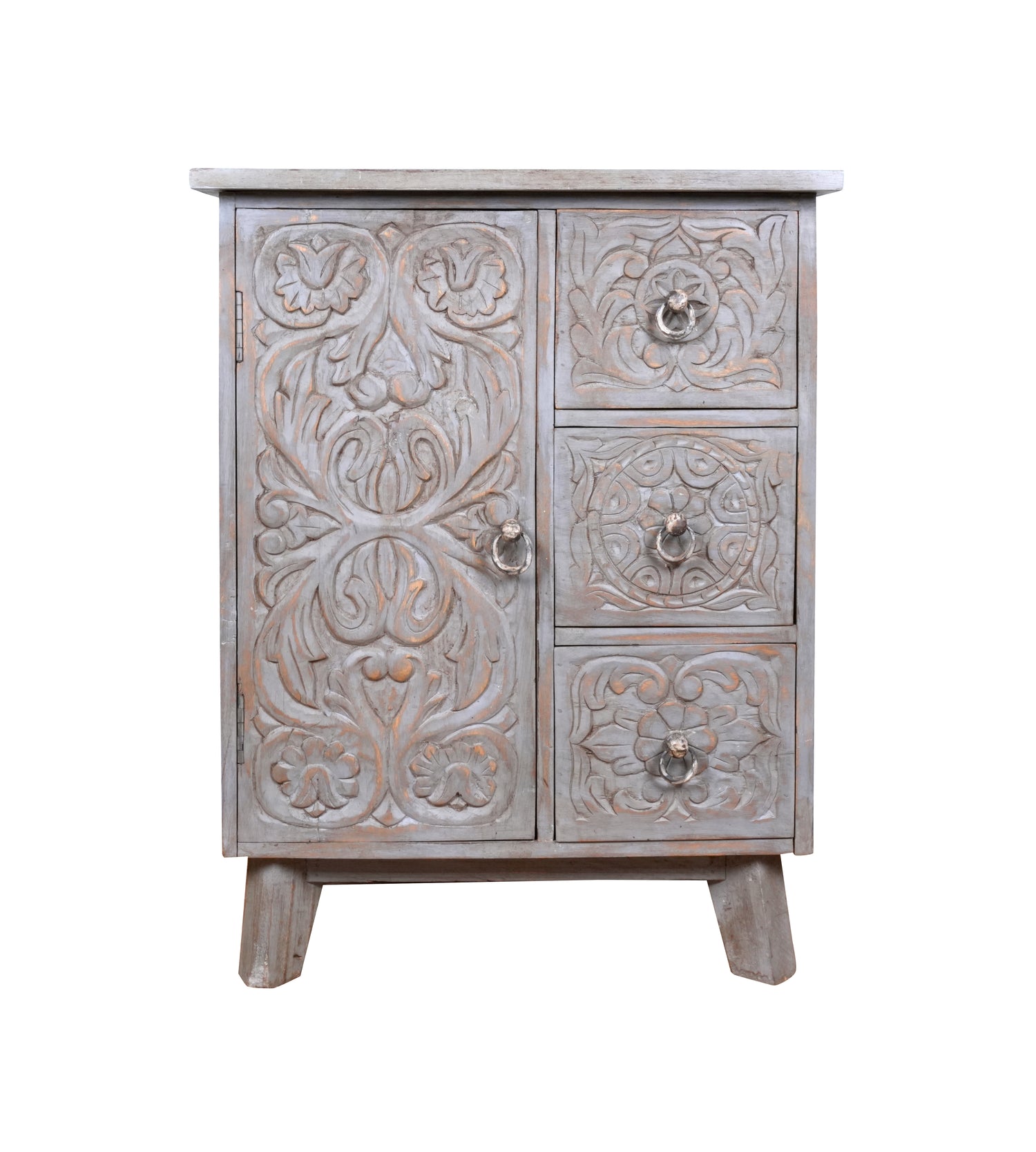 Indira Bedside - Black Wooden Bedside Table with Deeply Carved Floral Design