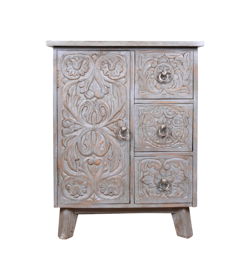 Indira Bedside - Black Wooden Bedside Table with Deeply Carved Floral Design