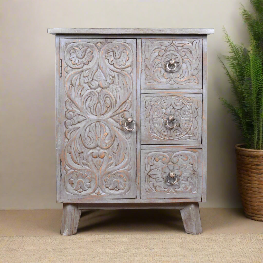 Indira Bedside - Black Wooden Bedside Table with Deeply Carved Floral Design