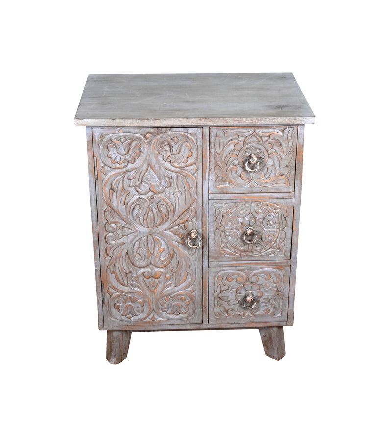 Indira Bedside - Black Wooden Bedside Table with Deeply Carved Floral Design