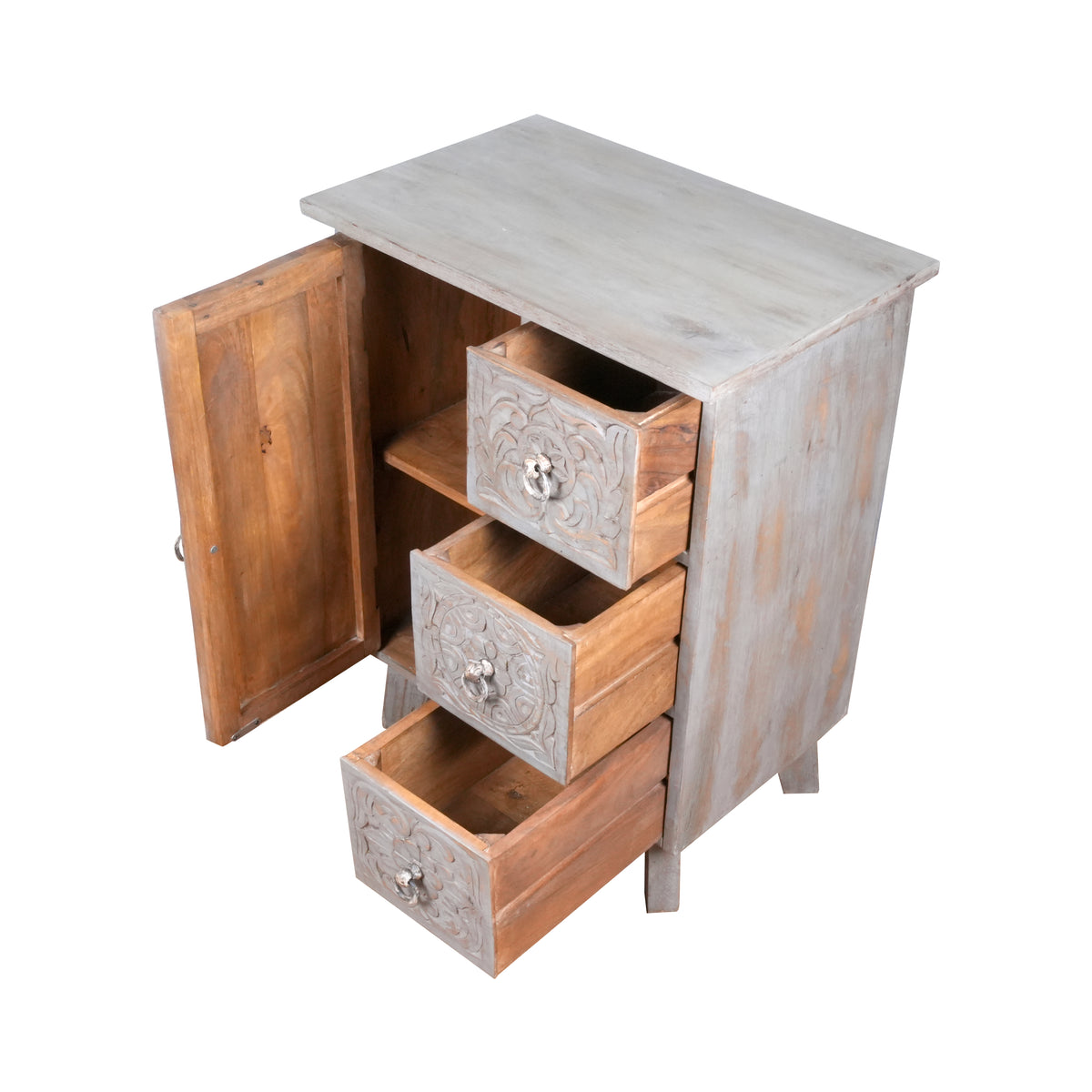 Indira Bedside - Black Wooden Bedside Table with Deeply Carved Floral Design
