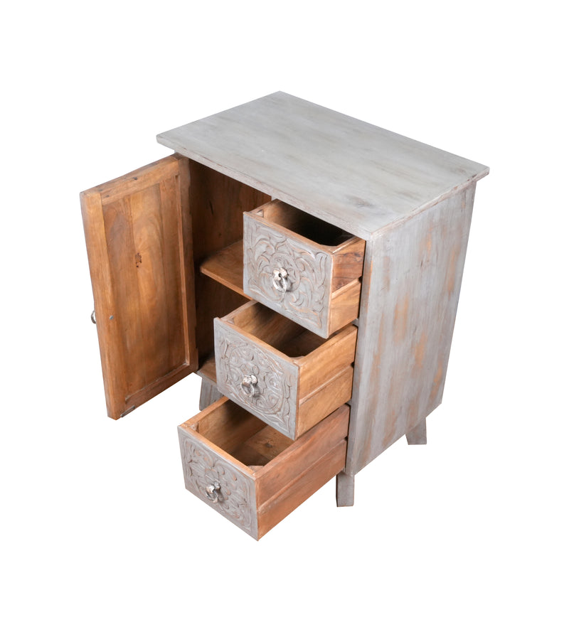 Indira Bedside - Black Wooden Bedside Table with Deeply Carved Floral Design