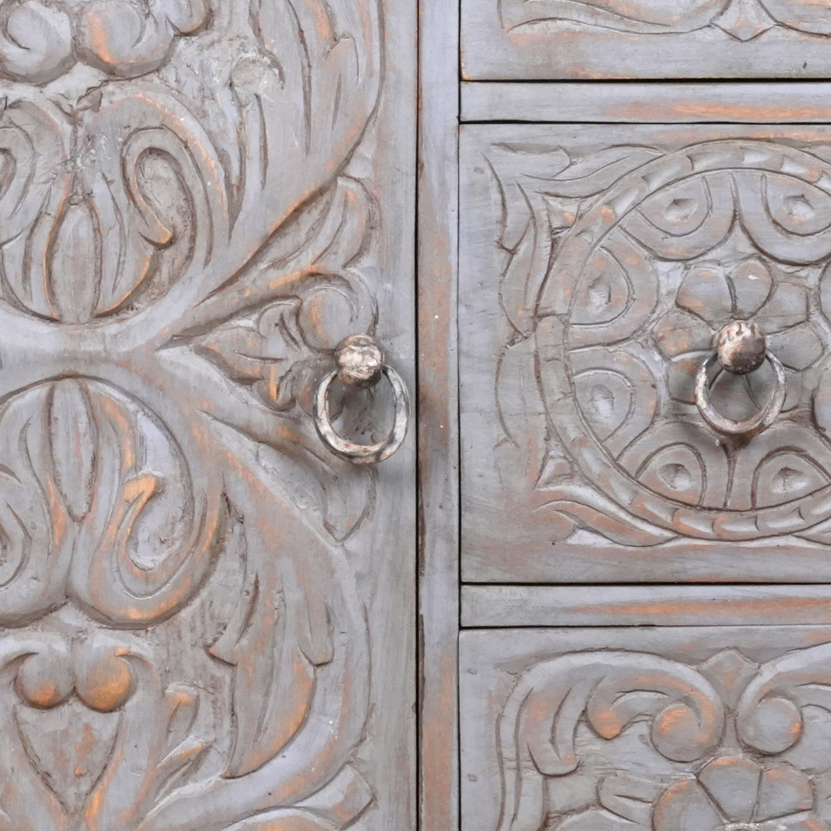 Indira Bedside - Black Wooden Bedside Table with Deeply Carved Floral Design