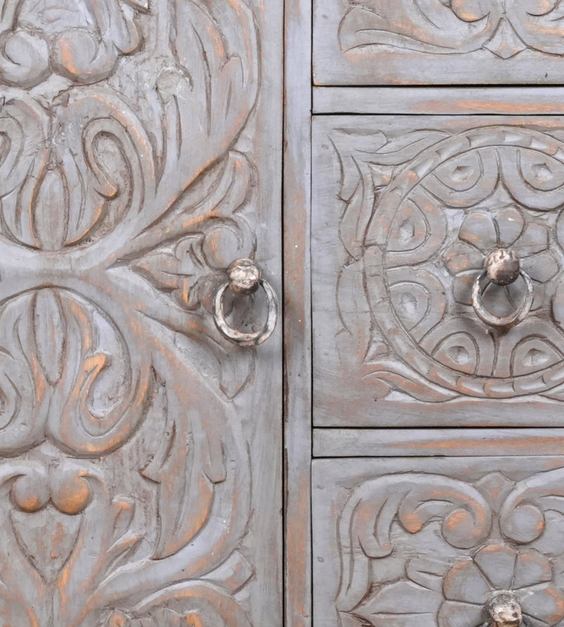 Indira Bedside - Black Wooden Bedside Table with Deeply Carved Floral Design