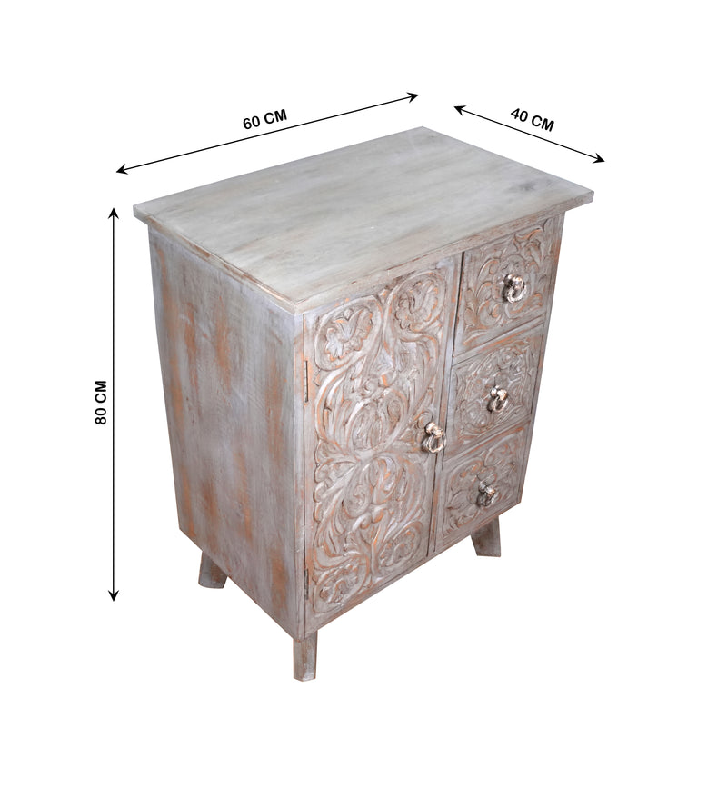 Indira Bedside - Black Wooden Bedside Table with Deeply Carved Floral Design
