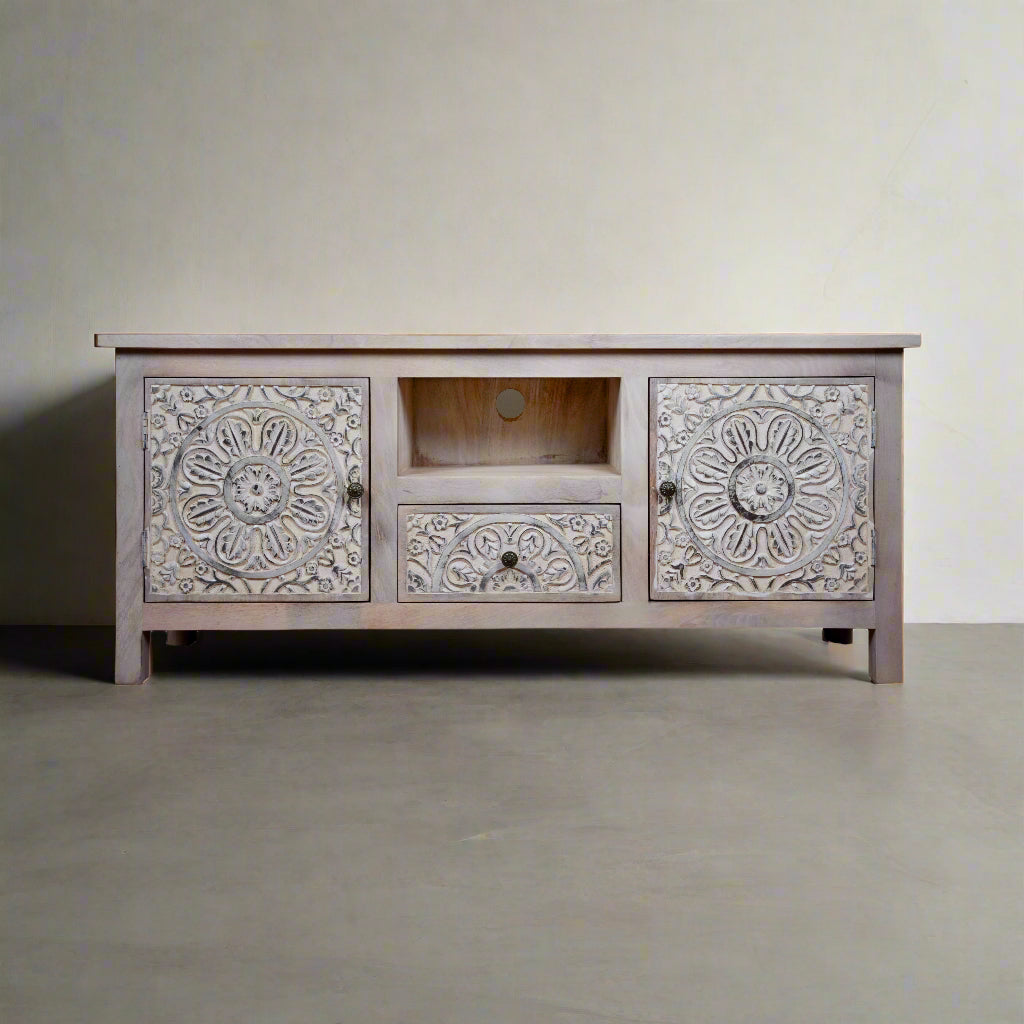 Nivriti Cabinet - Hand-Carved Wooden Storage Cabinet with Open Display Niche
