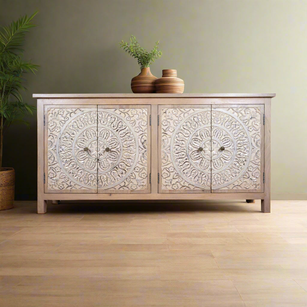 Veda Sideboard - Hand-Carved Wooden Storage Cabinet with Mandala Panels