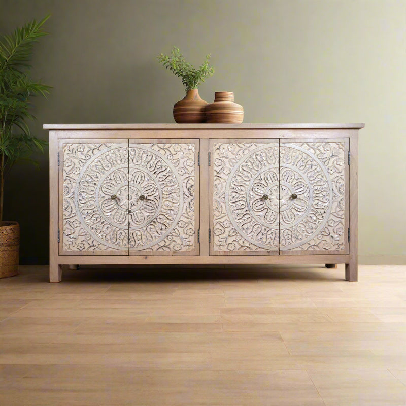 Veda Sideboard - Hand-Carved Wooden Storage Cabinet with Mandala Panels