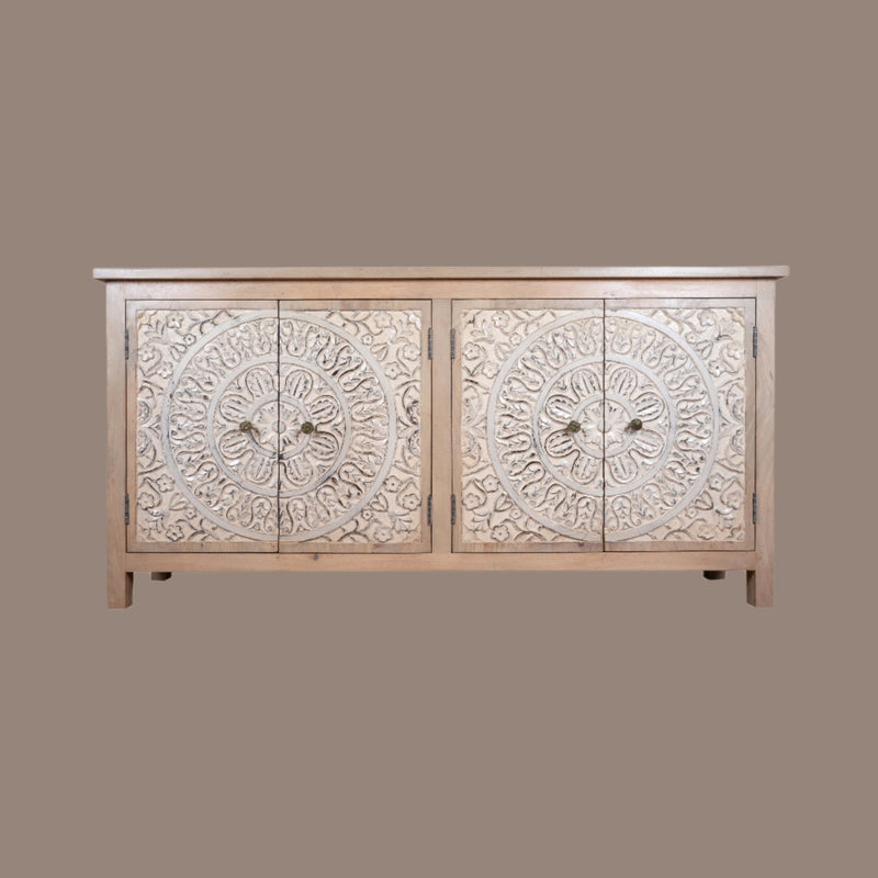 Veda Sideboard - Hand-Carved Wooden Storage Cabinet with Mandala Panels