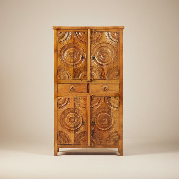 Chakra Almirah - Vintage Wooden Wardbrobe with Concentric Ring Carvings