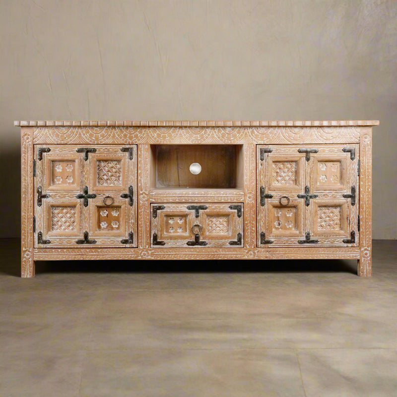 Ranthambore Chest - Hand-Carved Wooden Storage with Vintage Latch Accents