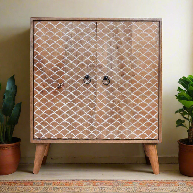 Mehr Jaal Sideboard - Wooden Two-Door Cabinet with Hand-Carved Lattice Design