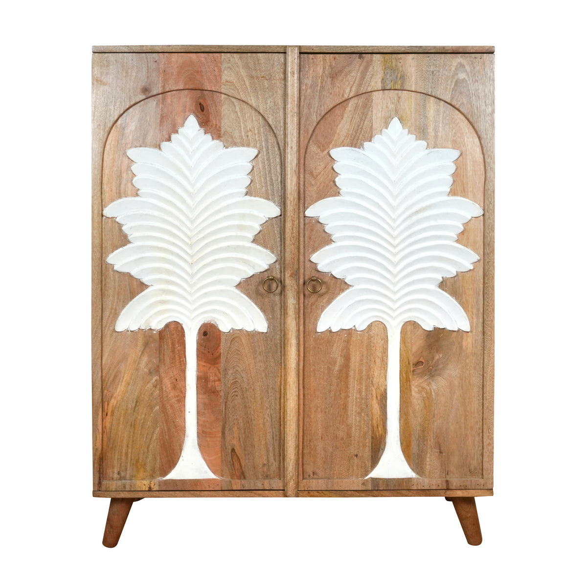 Palmyra Cabinet - Two-Door Wooden Cabinet with White Palm Carvings in Natural Finish
