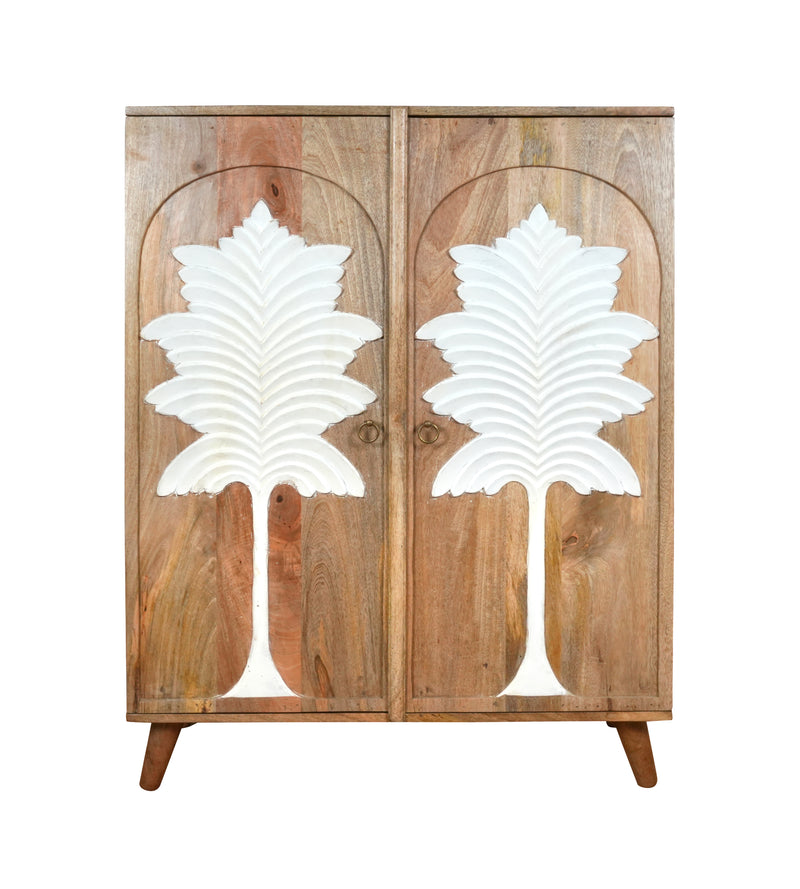 Palmyra Cabinet - Two-Door Wooden Cabinet with White Palm Carvings in Natural Finish