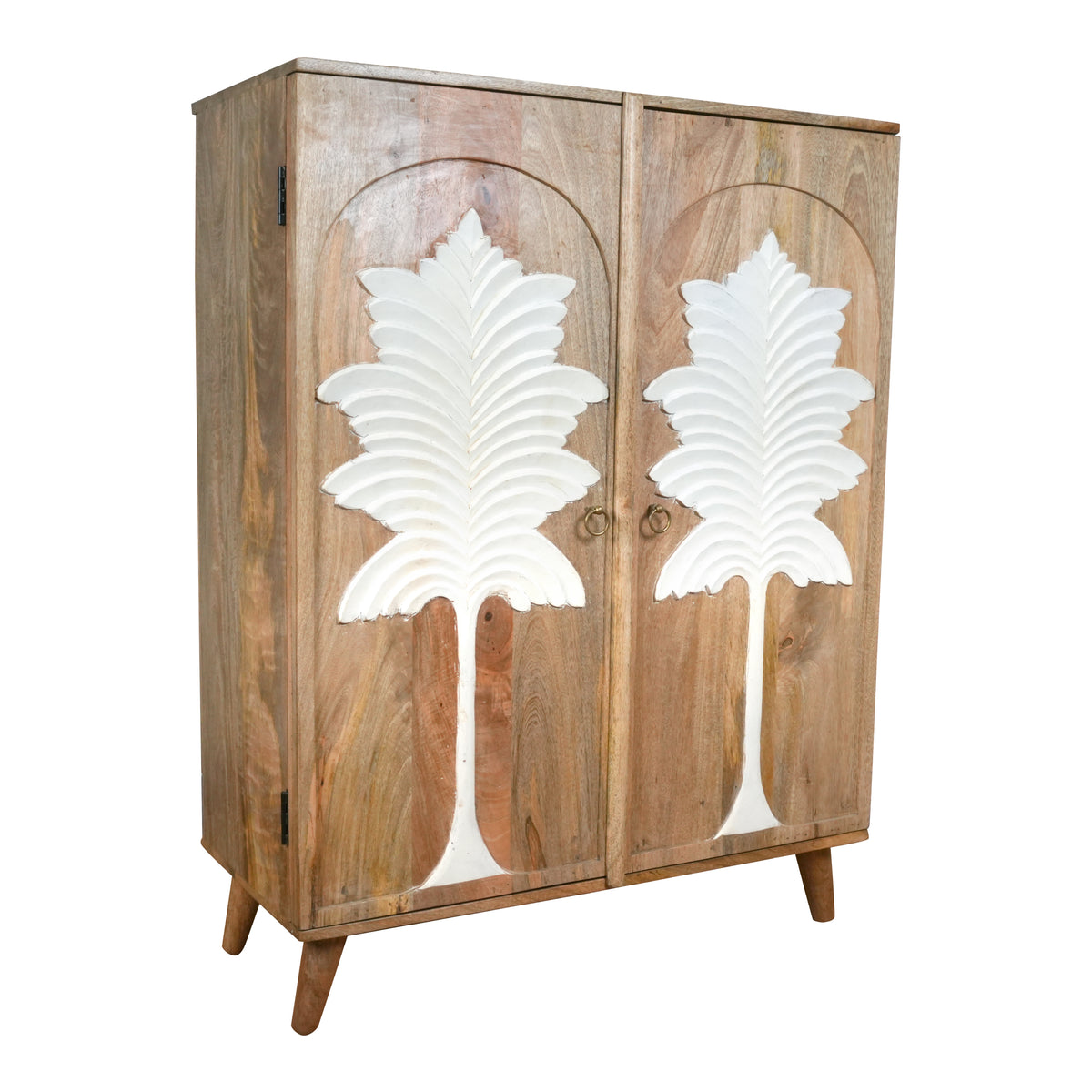 Palmyra Cabinet - Two-Door Wooden Cabinet with White Palm Carvings in Natural Finish