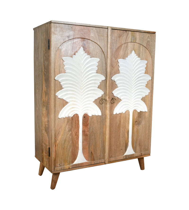 Palmyra Cabinet - Two-Door Wooden Cabinet with White Palm Carvings in Natural Finish