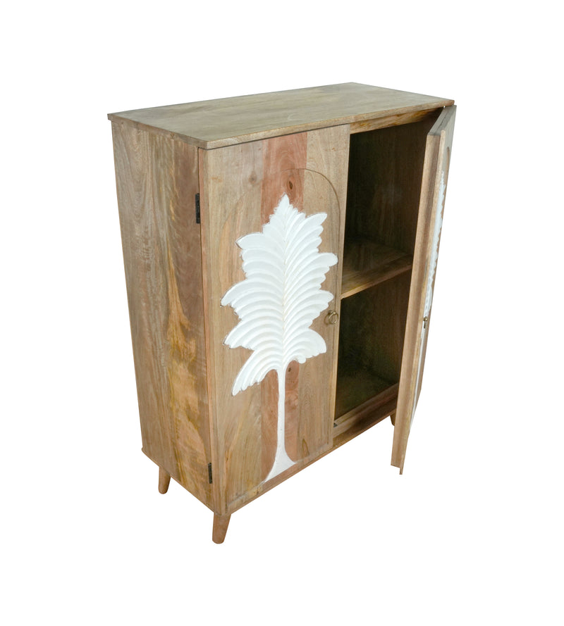 Palmyra Cabinet - Two-Door Wooden Cabinet with White Palm Carvings in Natural Finish