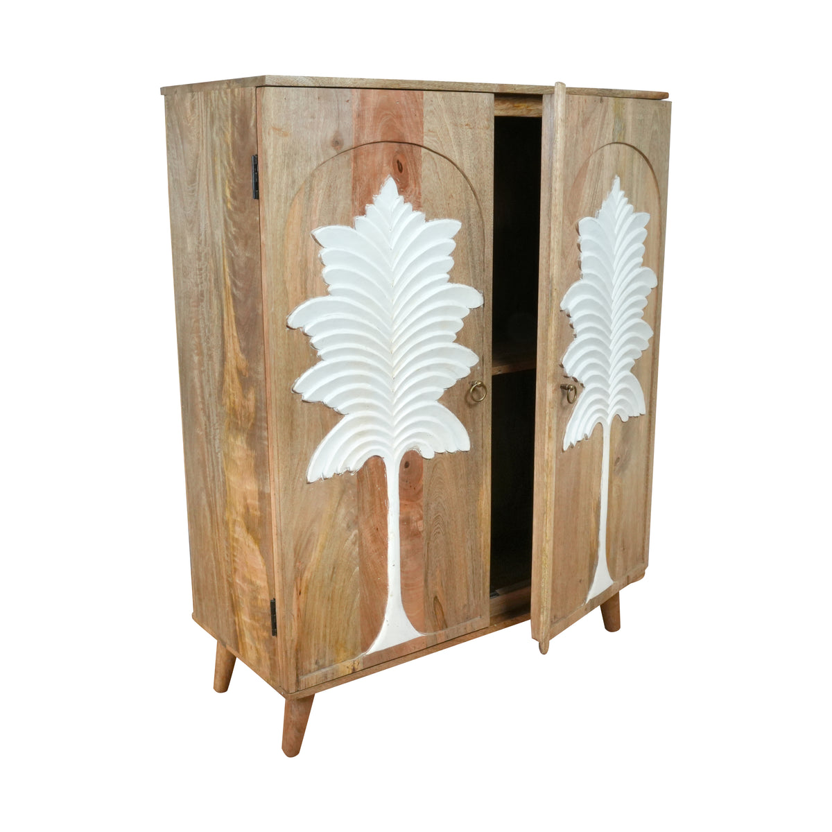 Palmyra Cabinet - Two-Door Wooden Cabinet with White Palm Carvings in Natural Finish