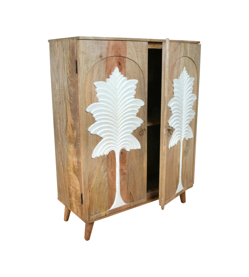 Palmyra Cabinet - Two-Door Wooden Cabinet with White Palm Carvings in Natural Finish